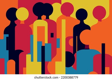 Illustration containing different races in defense of human rights, poster, card. Vector image of people of color and ethnicity together. Freedom, independence, empowerment, people rights, equality. 