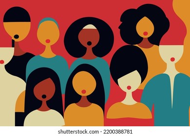 Illustration containing different races in defense of human rights, poster, card. Vector image of people of color and ethnicity together. Freedom, independence, empowerment, people rights, equality. 