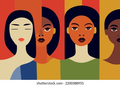 Illustration containing different races in defense of human rights, poster, card. Vector image of people of color and ethnicity together. Freedom, independence, empowerment, people rights, equality. 