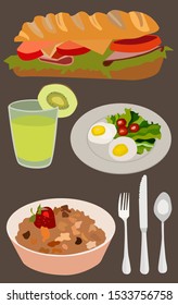 The illustration contains elements of proper nutrition, namely a sandwich, scrambled eggs with herbs, porridge with berries, smoothies and Cutlery.