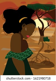 The illustration contains an image of an African woman against a background of wildlife and sunset.