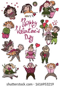 The illustration contains an image of children on Valentine's Day. They dance, kiss, wonder, give gifts, eat candy.