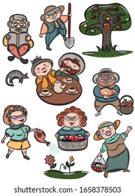 The illustration contains an image of elderly people in a garden. They drip,read, drink tea, water flowers, pet the cat, collect and are proud of the harvest.