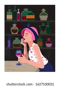The illustration contains an image of a girl with pink hair who is sitting in a bar, drinking wine and enjoying solitude.