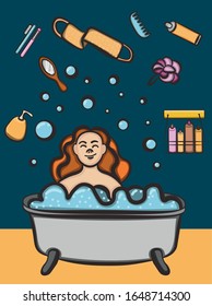 The illustration contains an image of a girl who is washing in the bathroom, and objects for self-care are flying around her.