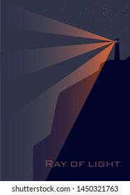 The illustration contains an image of a lighthouse standing on a cliff. The lighthouse shines into darkness with three rays. Stars are depicted in the night sky.