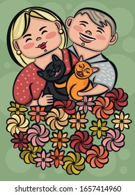 The illustration contains an image of a postcard with a guy and a girl holding two cats with a bouquet of flowers.