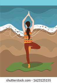 The illustration contains an image of a woman doing yoga on the beach.