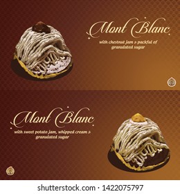 The illustration contains an original chestnut Mont Blanc, along with an alternative sweet potato version. It also includes 02 mini icons that feature this earthy sweet dessert.