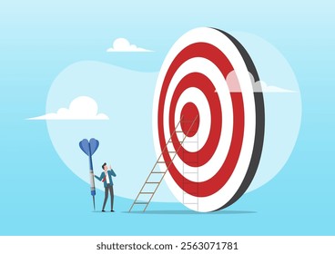 An illustration of contemplate businessman hold big dart about to climb up ladder to bullseye. Aiming for high target mission, business opportunity or career success journey concept