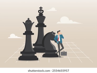 An illustration of contemplation businessman thinking with chess pieces. Strategic thinking to win business competition, challenge or problem solving concept