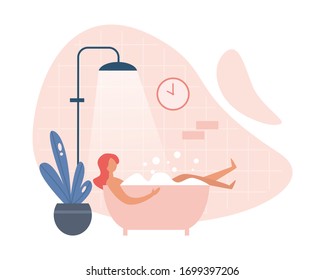 Illustration of contemporary female lying in foamy bathtub under shower with warm water during hygiene routine in bathroom at home. Everyday hygienic procedure. Flat cartoon vector illustration