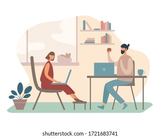 Illustration of contemporary man and woman using laptops to do freelance project while working in cozy room at home together. Cartoon people characters in flat style