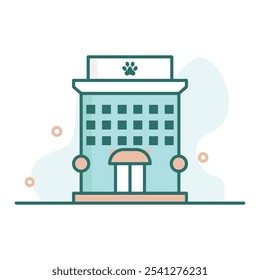 Illustration of a contemporary veterinary hospital building, featuring a prominent paw icon. Simplistic design with soft colors, representing pet care and animal welfare services.