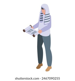 Illustration of a contemporary woman dressed in a hijab, reading a scroll attentively