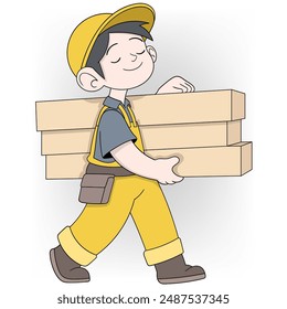 An illustration of a content carpenter walking while carrying wooden planks. He is dressed in yellow overalls and a matching hard hat