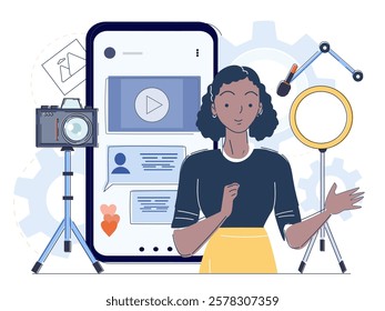 Illustration of a content creator with a camera, ring light, and smartphone on a white background. Represents digital media creation and online engagement. Vector illustration