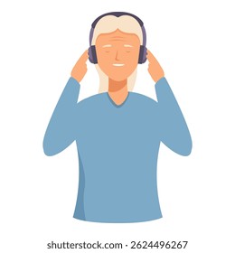 Illustration of a content elderly woman with closed eyes, listening to music on headphones