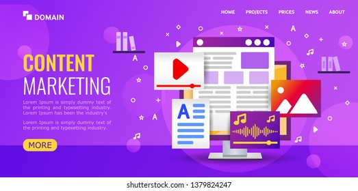 Illustration content marketing fot Landing page or website. Studio develops content webpage. computer with video and audio and text files on ultraviolet background.