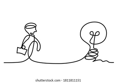 Illustration of continuous line drawing of a person holding a bag with a light bulb