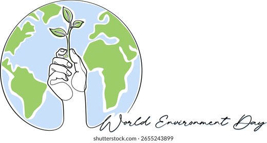 Ilustración de una línea continua de la tierra con árboles. Día del Medio Ambiente.