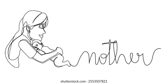 illustration in continuous line style of a mother and her baby, motherhood, Mother's Day. maternal love represented in a one line drawing. white background.