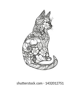 Illustration of contour drawing of cat, artistic drawing of cat, decorated with fresh flowers, isolated black and white patterns