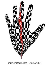 Illustration of contour hand with abstract checkered pattern inside