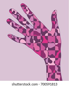 Illustration of contour hand with abstract checkered pattern inside