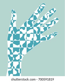 Illustration of contour hand with abstract checkered pattern inside