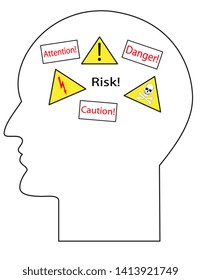 Illustration of the contour of a human head with danger symbols