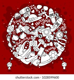 Illustration of a contour on a dark red background. A man and a woman and the objects that they want to buy. Illustration for design with lots of objects.