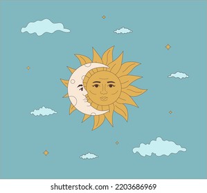 Illustration of a contour sun combined with a crescent moon. Mystical work.