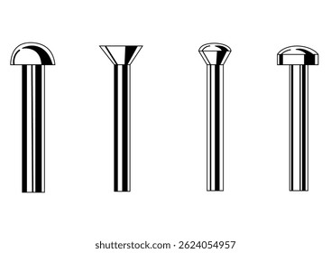 Illustration of the contours of a set of various metal rivets