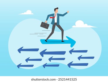 An illustration of Contrary investment, be different in opposite direction concept, businessman riding arrow in different direction or other people or mainstream