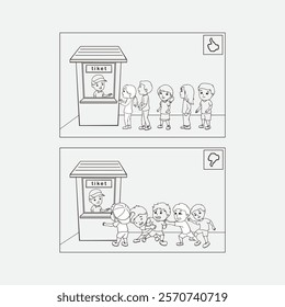 Illustration contrasting correct queue behavior and disorderly actions at a ticket booth. The artwork emphasizes social etiquette and organization in public settings by displaying both good and bad ex