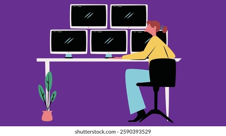 illustration of a control surveillance room filled with multiple monitors displaying various security feeds and support information