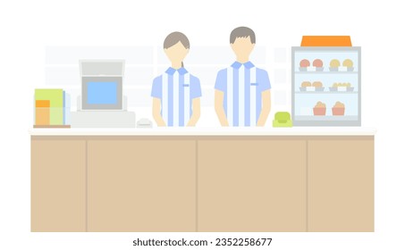 Illustration of a convenience store cash register counter and clerk staff