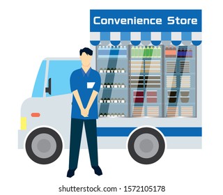 Illustration of convenience store and clerk selling and selling.
