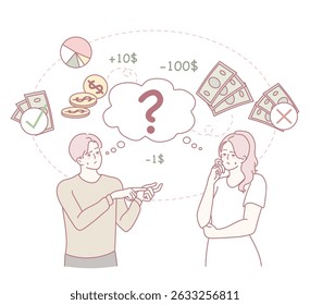 Una ilustración de una conversación entre dos personas discutiendo diferentes ideas y transacciones relacionadas con el dinero