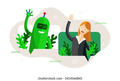 illustration of conversation, chat between customer and chatbot at message app in green colors