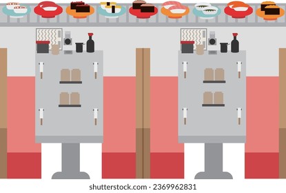 Illustration of conveyor belt sushi lane and table seats