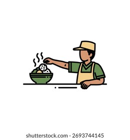 Ilustração de um cozinheiro adicionando tempero a uma tigela de vapor de comida em um balcão.