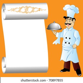 illustration cook with dishes in hand and paper for menu