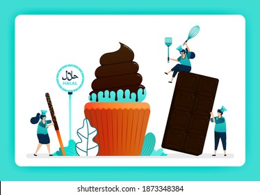 Illustration of cook halal sweet cupcakes and bakery. Muffin with melted sweet chocolate and cocoa topping. Design can use for website, web, landing page, banner, mobile apps, ui ux, poster, flyer