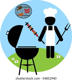 Illustration of cook making bbq outside