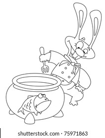 illustration cook rabbit and fish outlined