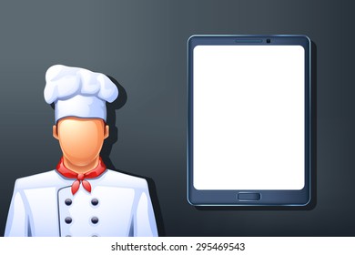 illustration of cook and tablet with white screen on grey background