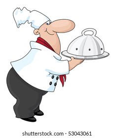 An illustration of a cook with a tray