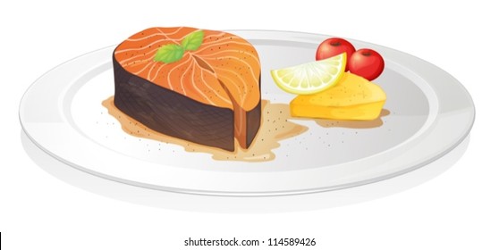 illustration cooked fish slice and lemon  cheese   berries white background